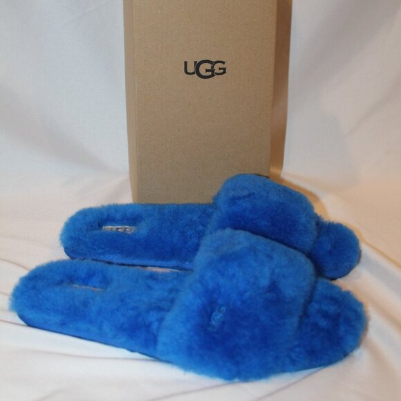 NIB UGG‎ WOMEN'S SHEARLING FLUFF SLIDE II SLIPPERS DIVE BLUE - Picture 1 of 7